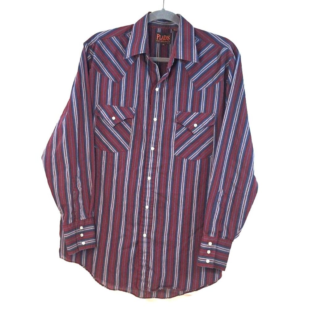 Plains Western Wear Mens Long Sleeve Pearl Snap Maroon & Blue Size M